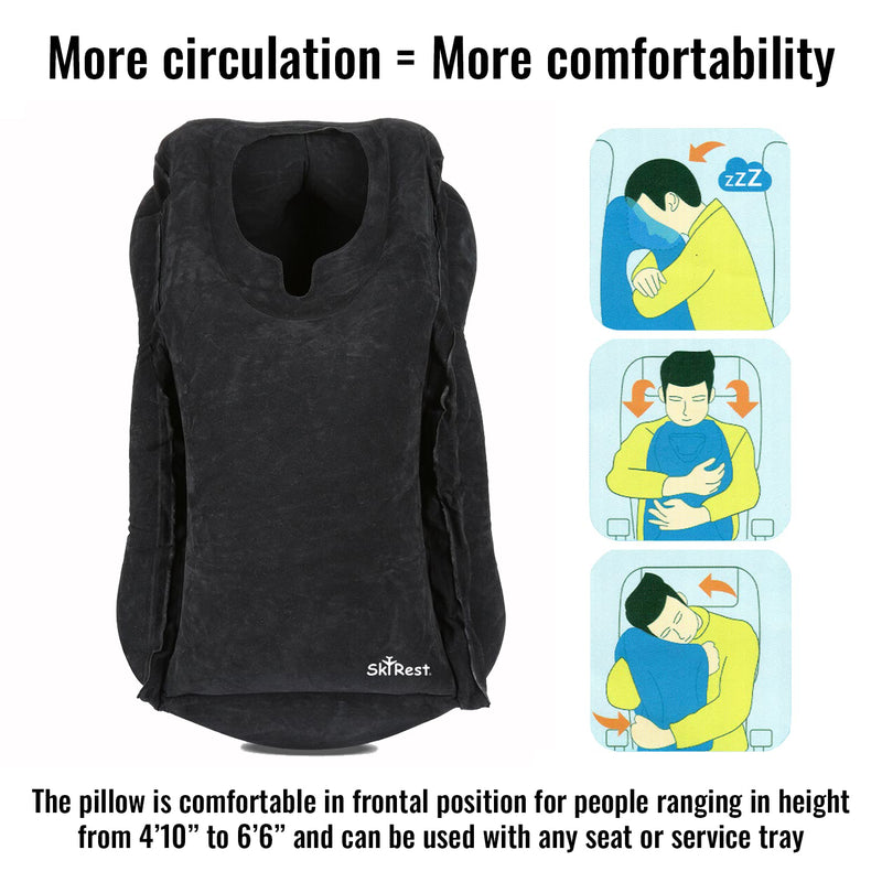 SkyRest®️ Inflatable Travel Pillow for Buses, Comfortably Support Head, Air Pillow for Sleeping to Avoid Neck, Lumbar and Shoulder Pain, Pillows for Airplanes Buses Cars Office - With Free Earplugs, Eye Mask And Bag (Black)