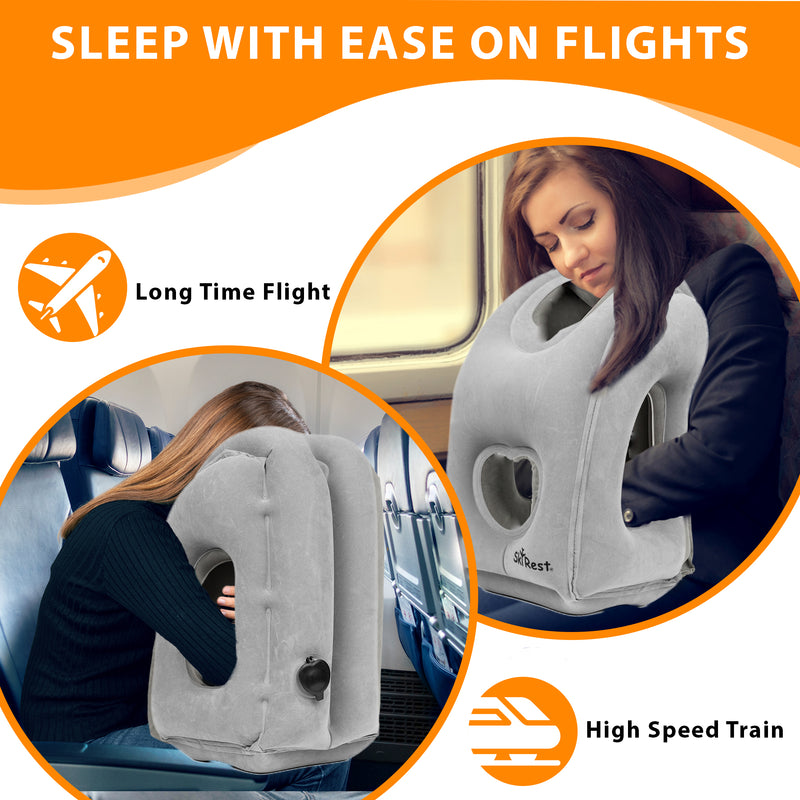 Inflatable Neck Pillow Skyrest Gray Used for Airplanes/Cars/Buses/Trains/Office Napping with Free Eye Mask and Earplugs