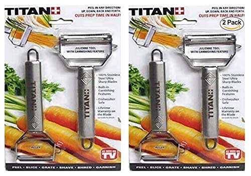 Titan Peeler Stainless Steel Blade Vegetable Peeler Julienne Tool with Garnishing Feature - Slicer Shredder Cutter for Kitchen Home Staple - 2 Pack - TTPLR
